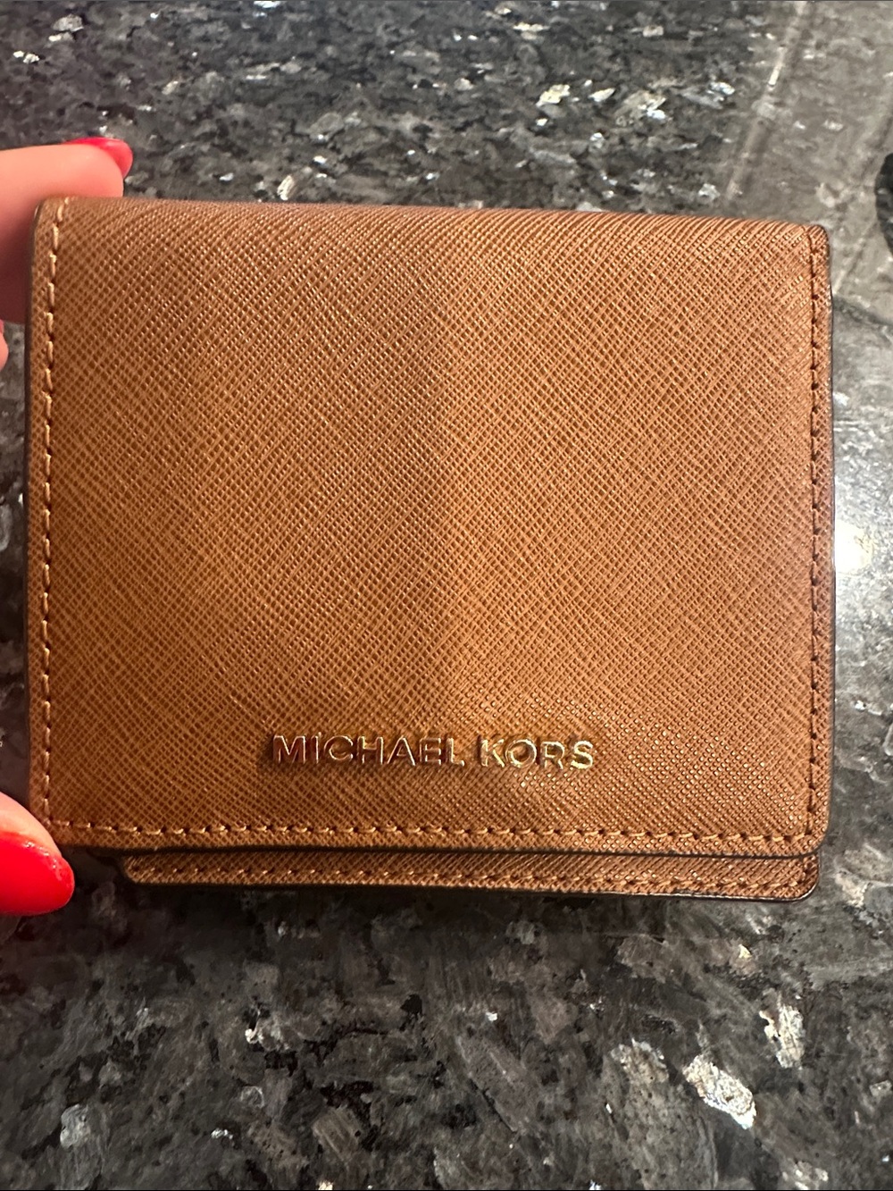 Michael Kors Tan Saffiano Leather Bi-Fold Wallet with Gold Logo